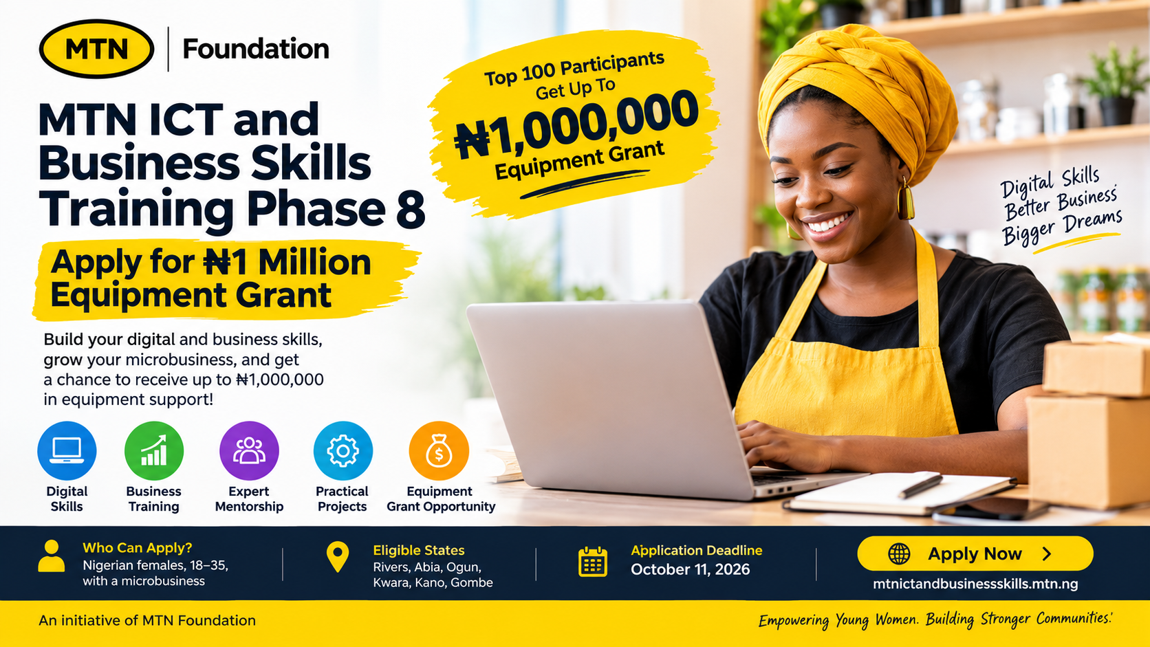 MTN ICT and Business Skills Training Phase 8: Apply for ₦1 Million Equipment Grant